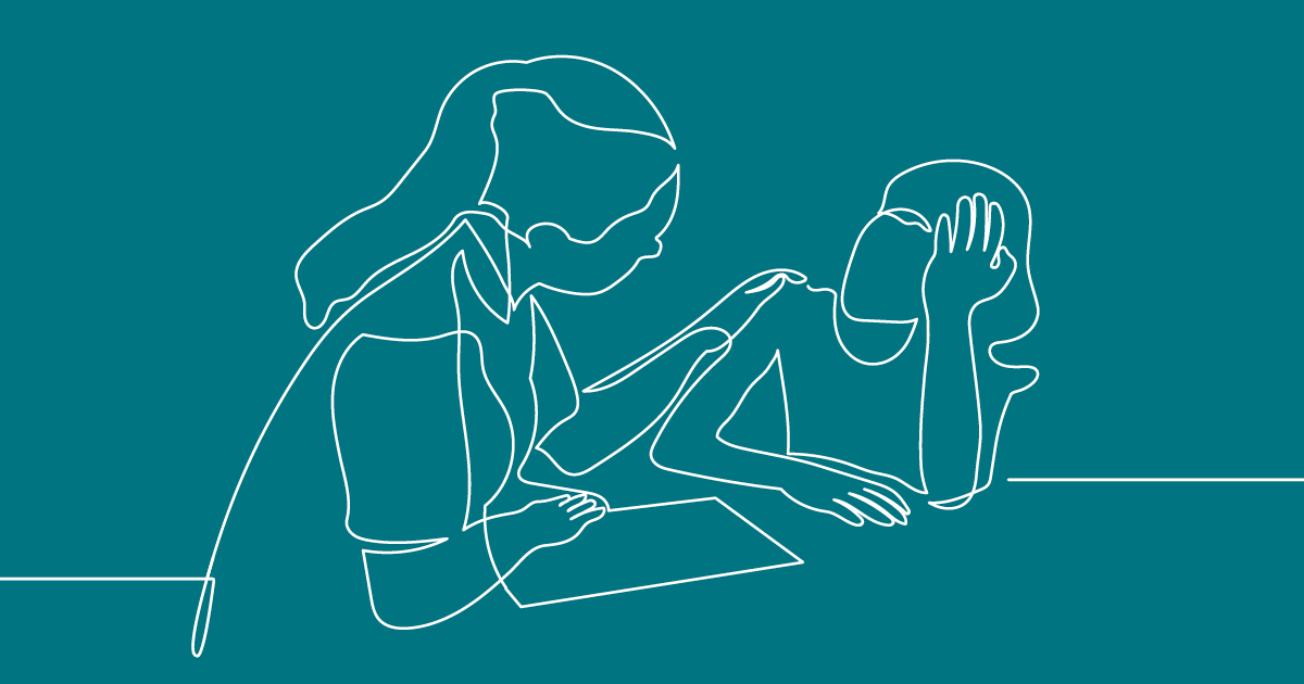 Line drawing of teacher consoling student.