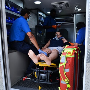 Students working in the ambulance simulator.
