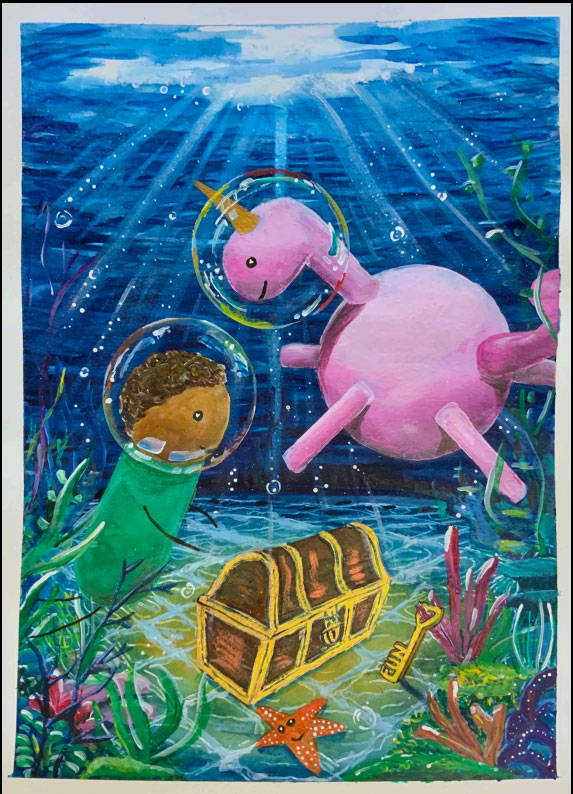 Artwork by Pauline Smith depicting two creatures finding a treasure chest under water