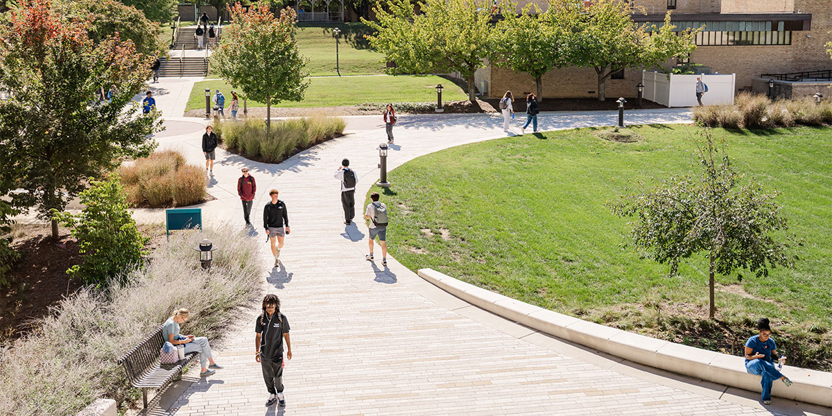Students walking across campus.