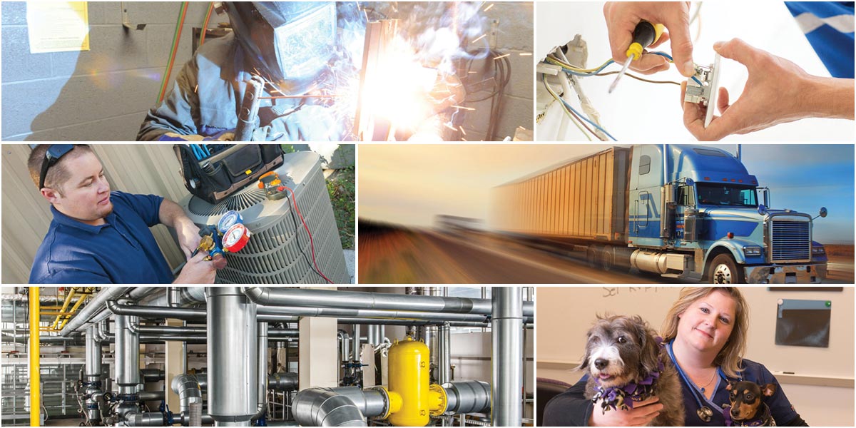 Collage of occupational skills images: welding, truck driving, electrical helper 