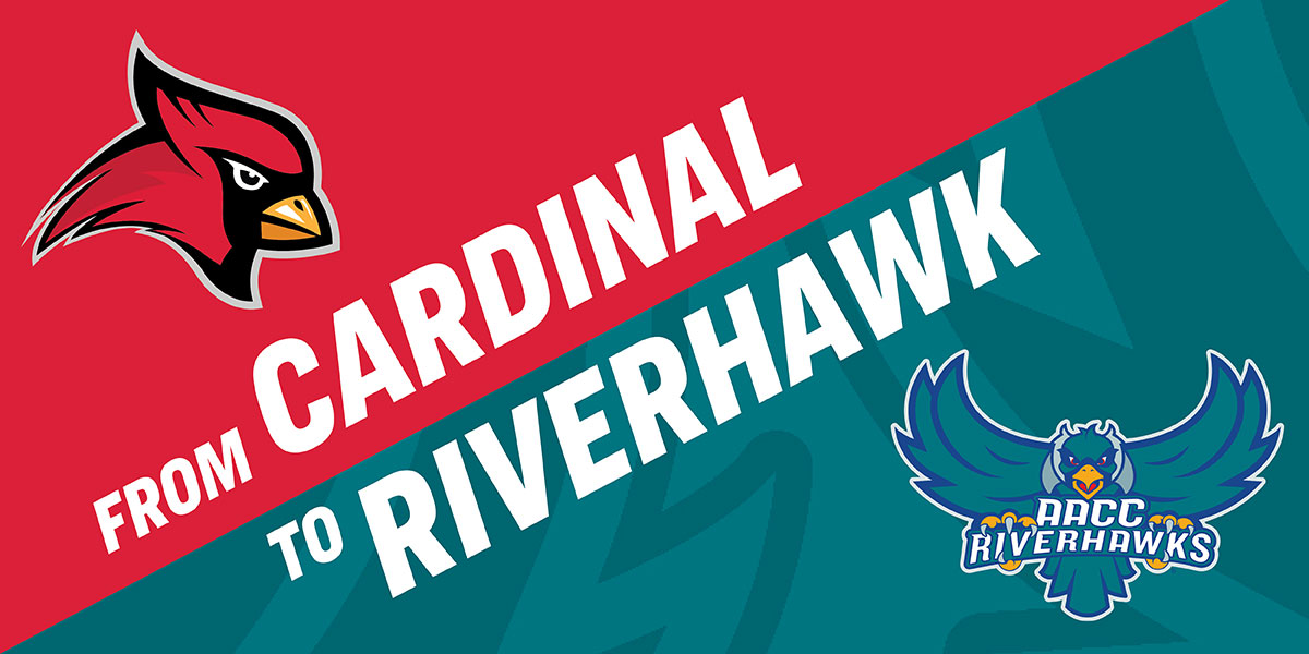 Graphic that says From Cardinal to Riverhawk with cardinal and riverhawk mascots