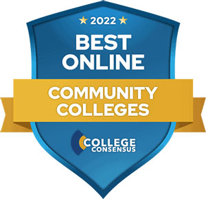 Digital badge that reads 2022 Best Online Community Colleges by College Consensus