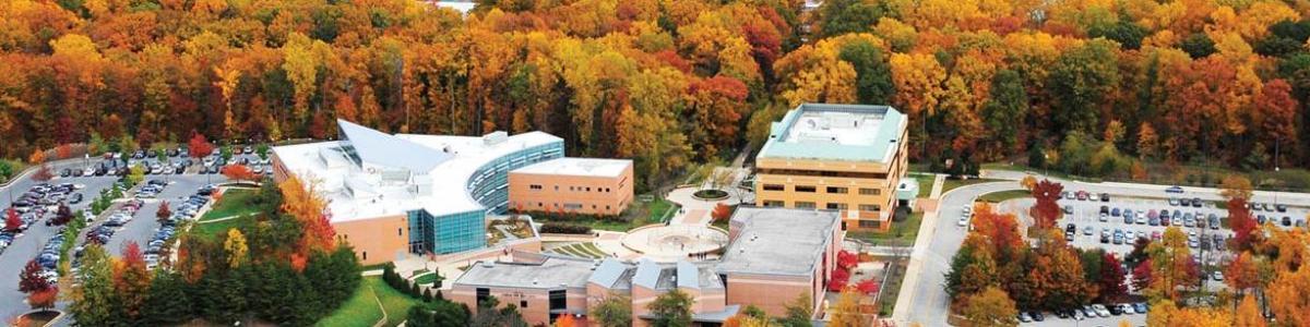 Aerial view of AACC Arnold campus with fall color.