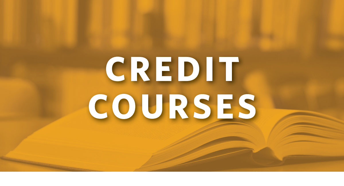Yellow box with books in the background with a text overlay that says, "Credit Courses"