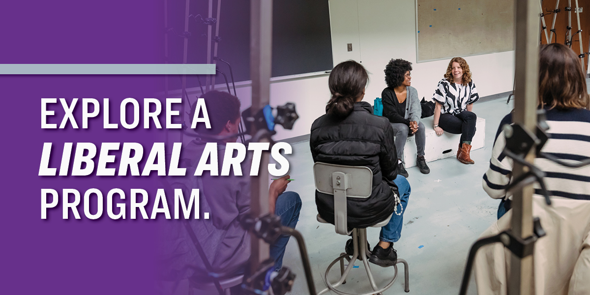 Students in an arts classroom. Text that says, 