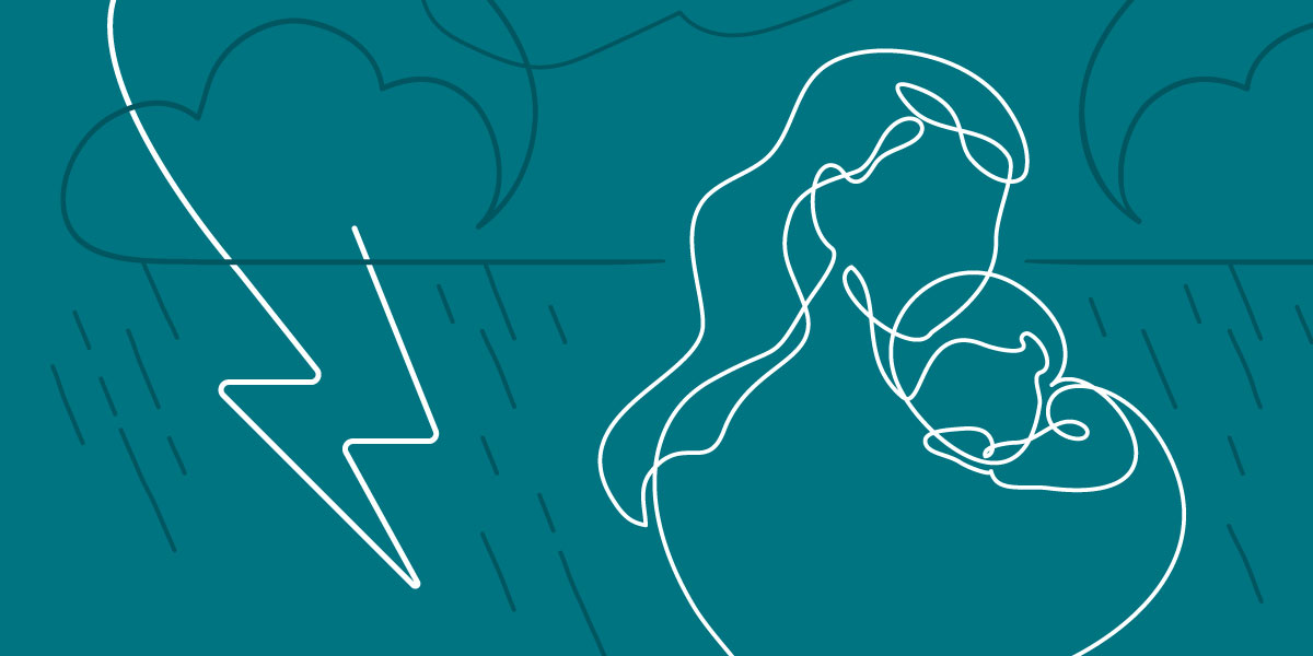 Outline of mother and child surrounded by storms, illustration by Ben Pierce