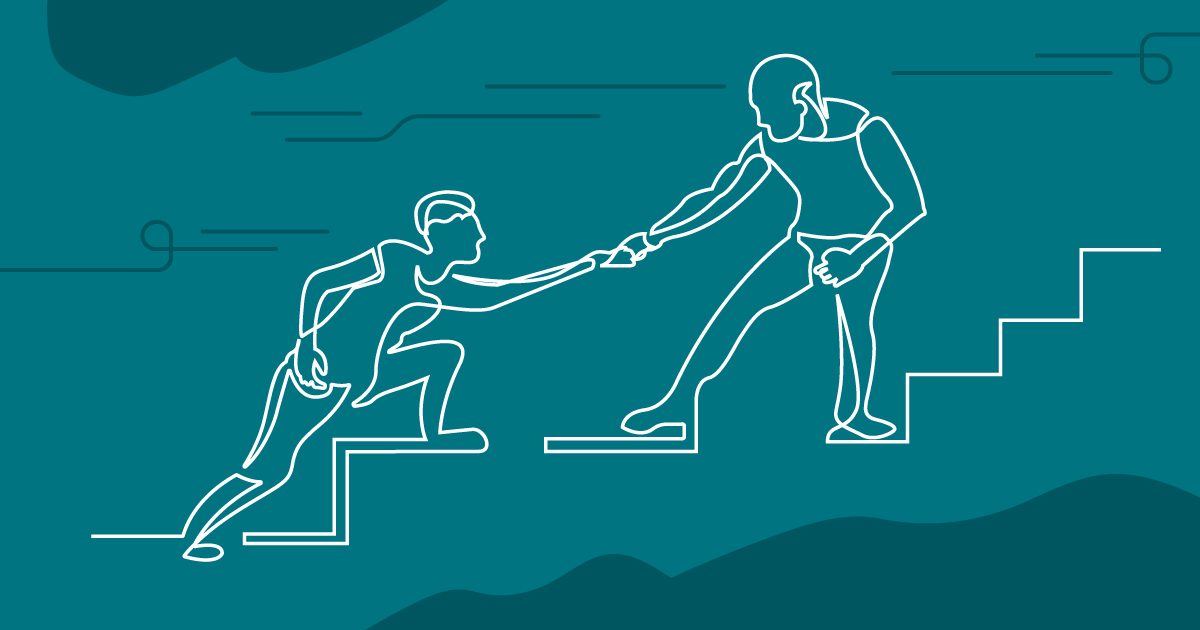 Line drawing of one person helping another up the stairs.