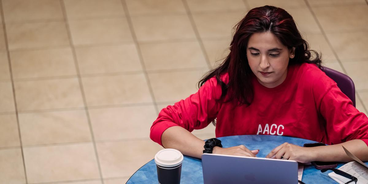 Rozina studying on a laptop at a table in a cafe.