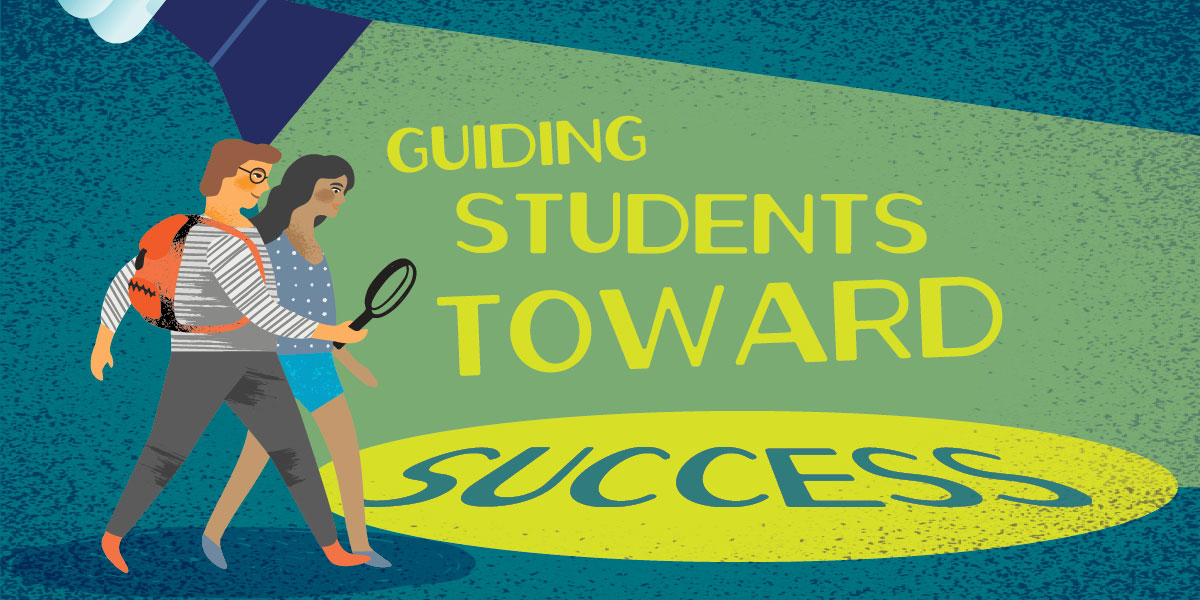 Illustration of student with a magnifying glass walking into a spotlight