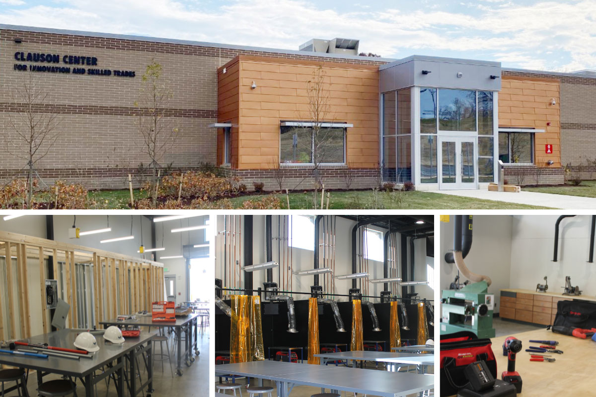 Photo collage of Clauson Center, including images of exterior and equipment and work stations inside the building of building and