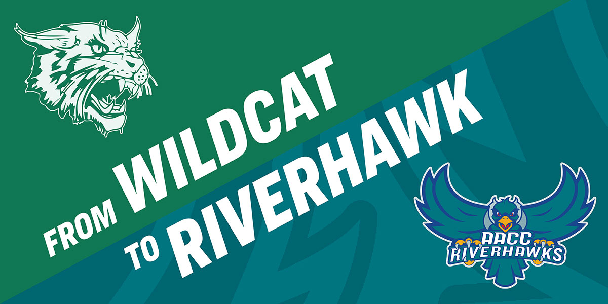 Graphic that says From Wildcat to Riverhawk with wildcat and riverhawk mascots