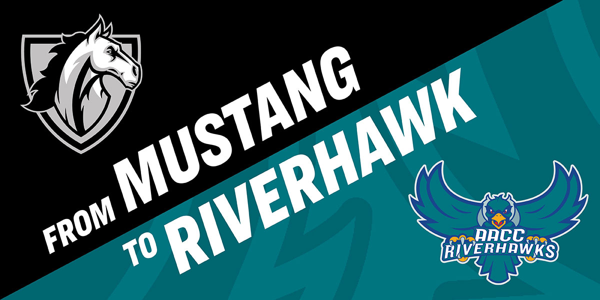 Graphic that says From Mustang to Riverhawk with mustang and riverhawk mascots