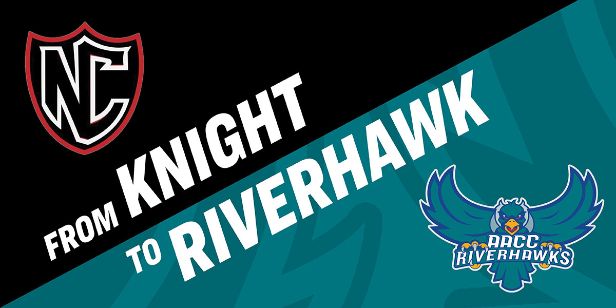 Graphic that says From Knight to Riverhawk with images of knight shield and riverhawk mascot