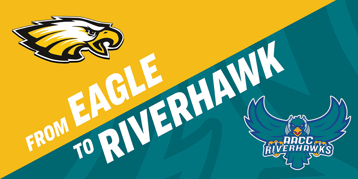 Graphic that says From Eagle to Riverhawk with images of eagle and riverhawk mascots