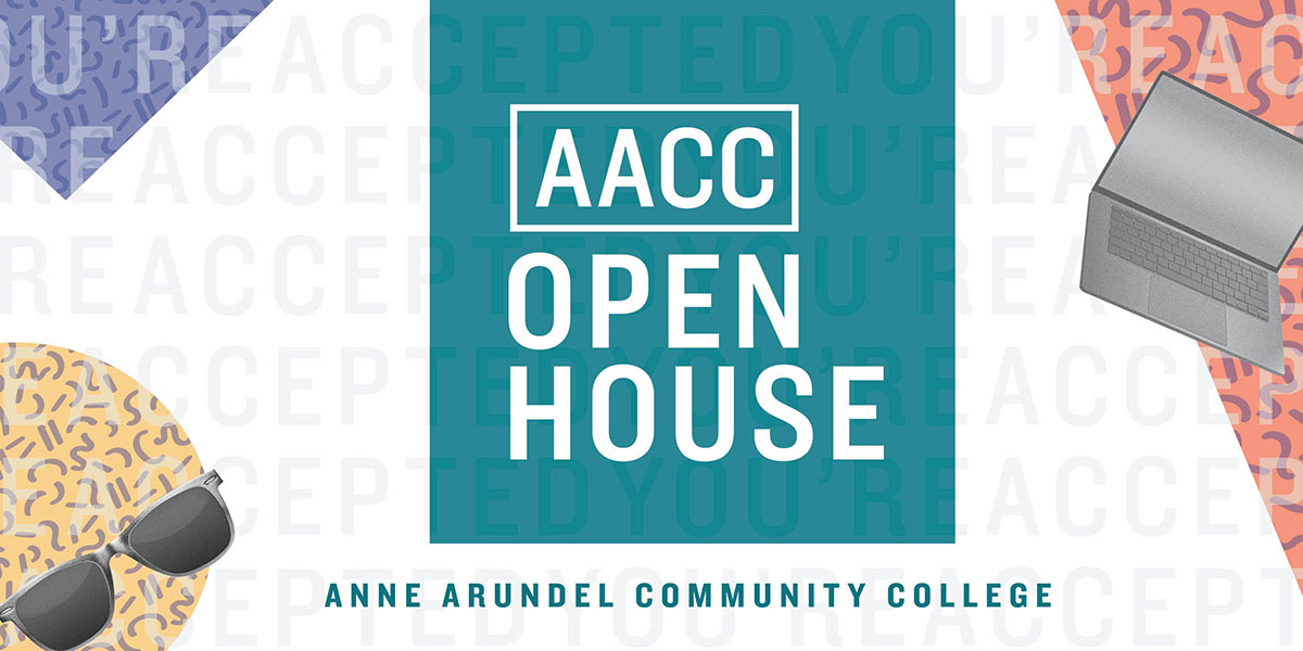 Graphic promoting AACC Open House. Includes images of sunglasses and laptop with 1990s colors.