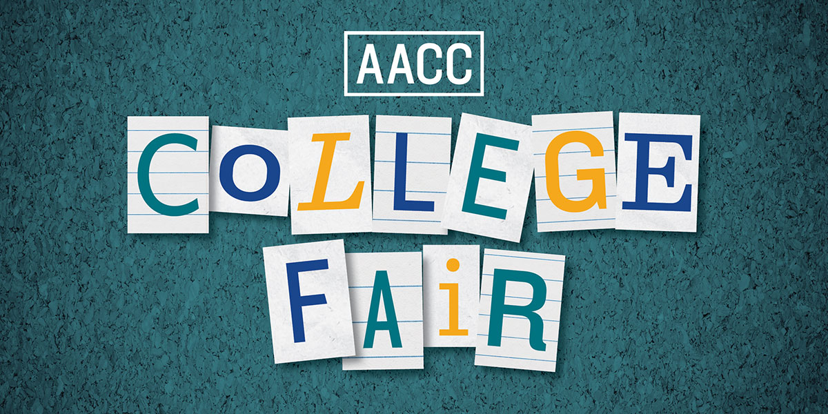 Graphic for College Fair with the letters for College Fair written on lined notebook paper.