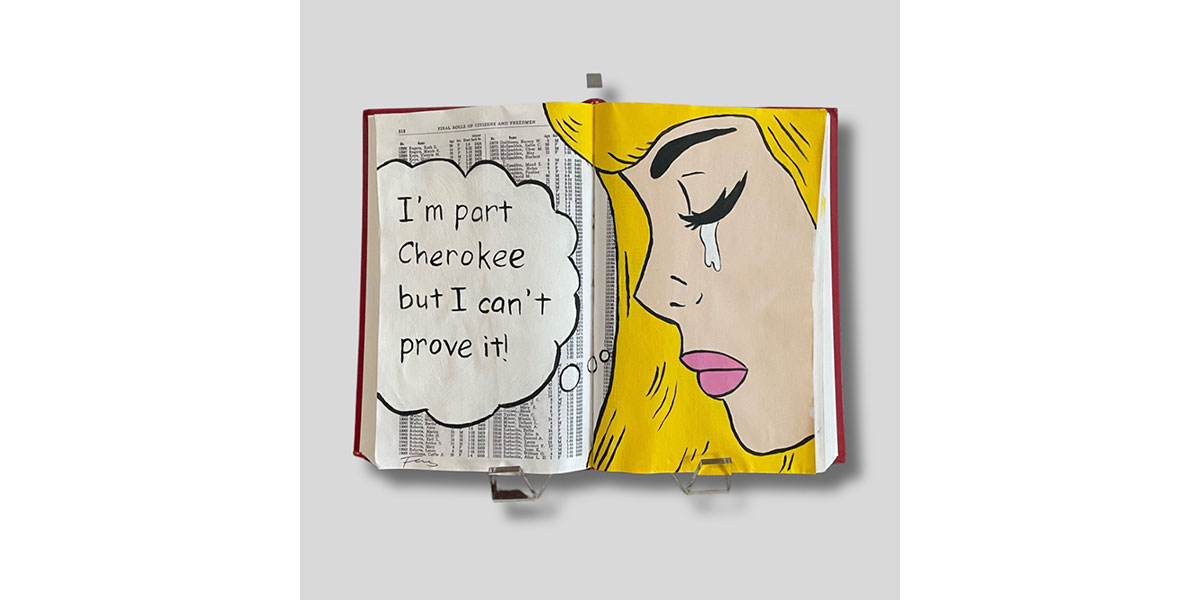 An open book is displayed on a stand. The left page is a printed list titled 