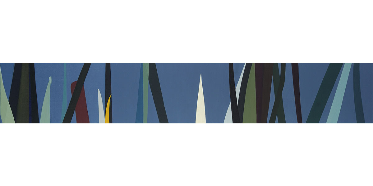 A vibrant painting featuring a blue sky above a variety of colorful reeds and leaves in different shades and hues.