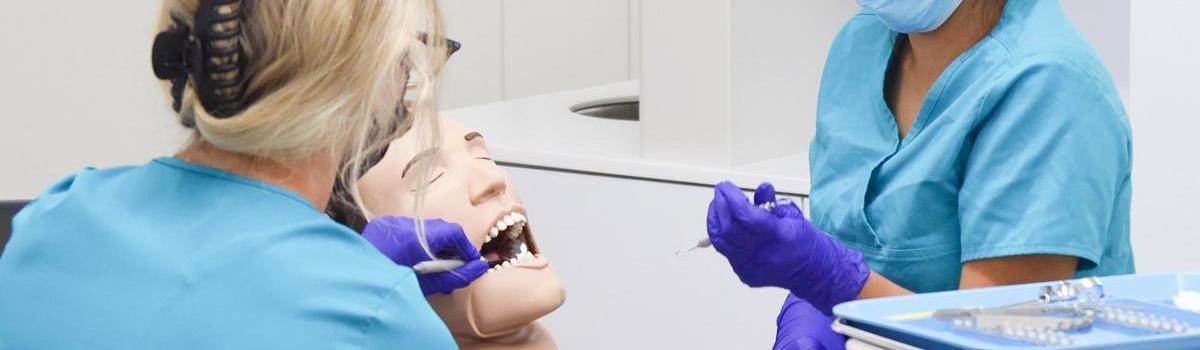Instructor with student cleaning teeth.