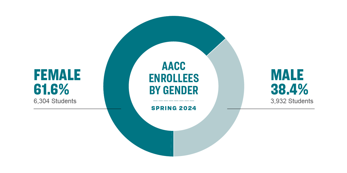 AACC Enrollees by Gender Spring 2024: Female 61.6% (6,304 students), Male 38.4% (3,932 students).