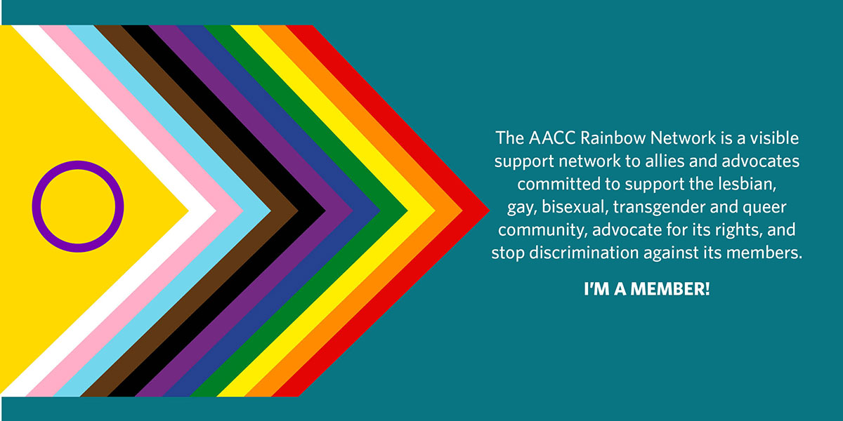 Graphic with a teal background featuring a prominent Progress Pride flag design adapted into a chevron pointing right. Text reads: 