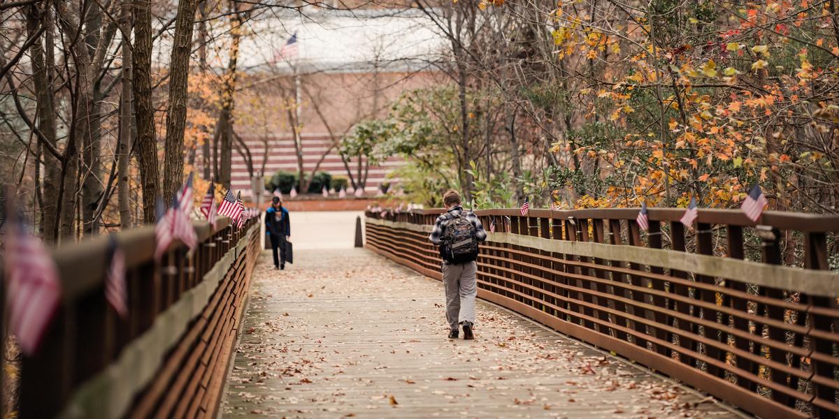 Student walking across footbridge in the fall.