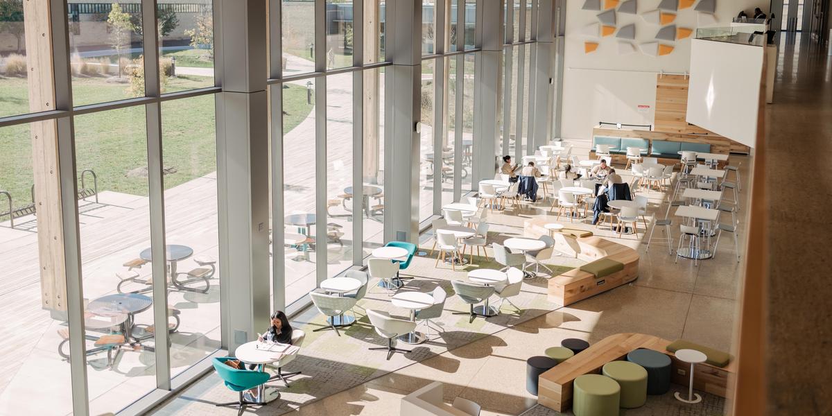 Seating area in the health and life sciences building.