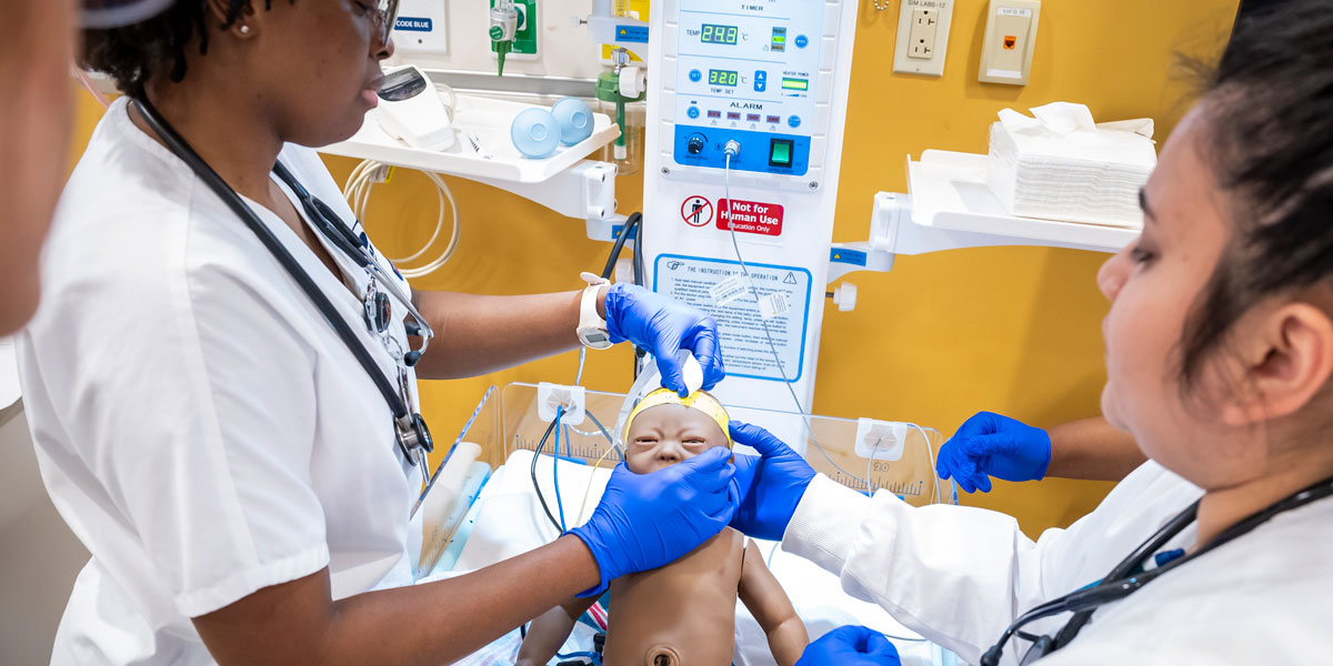 Students working in a health simulation lab.