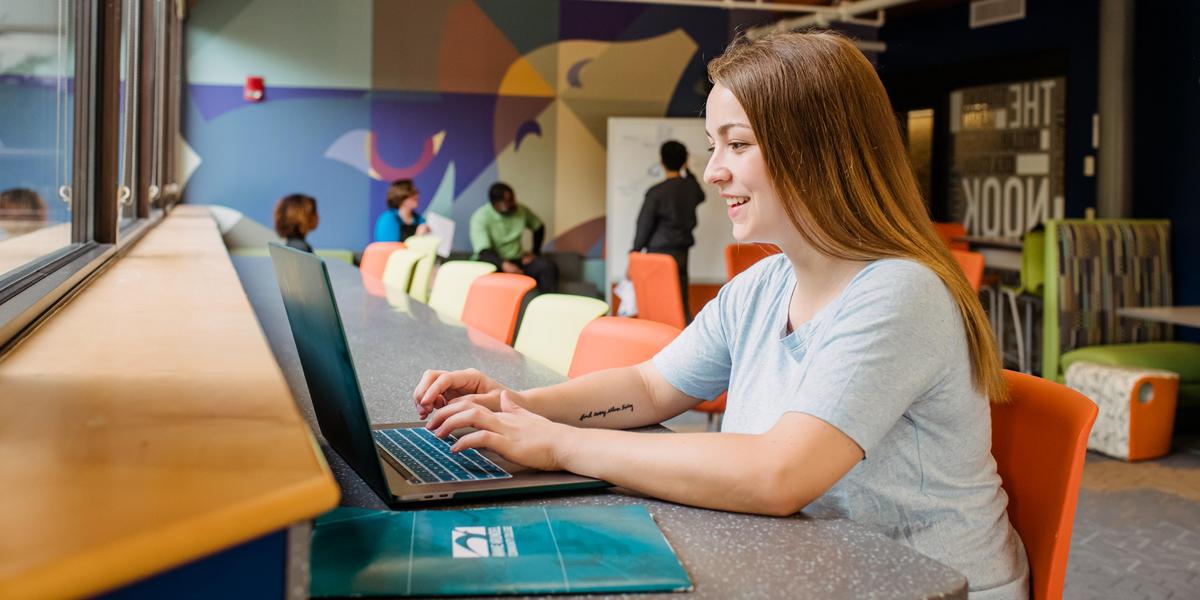 Student using computer on AACC campus.