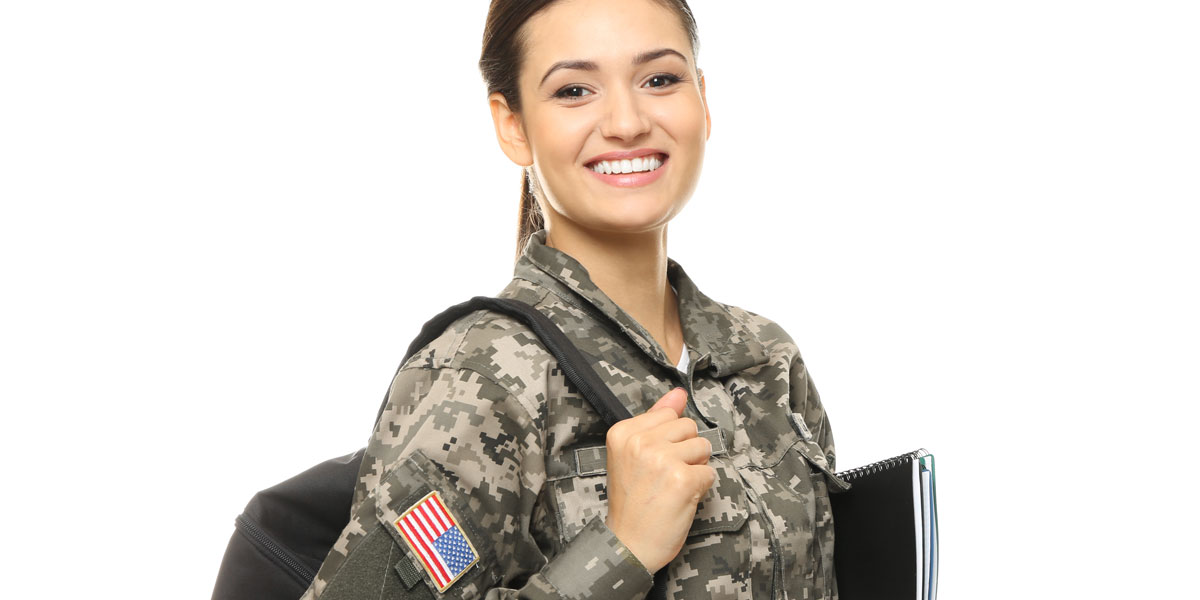 Military woman in uniform with backpack and books.