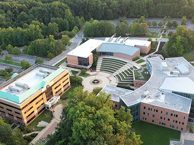 Aerial view of buildings on AACC's west side of campus