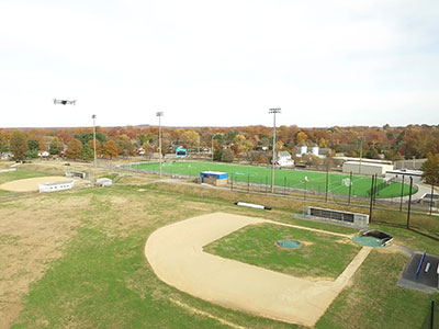 A drone flying over AACC's baseball field
